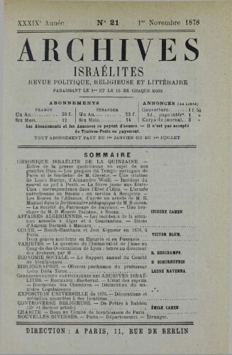 Archives israélites de France. Vol.39 N°21 (01 nov. 1878)
